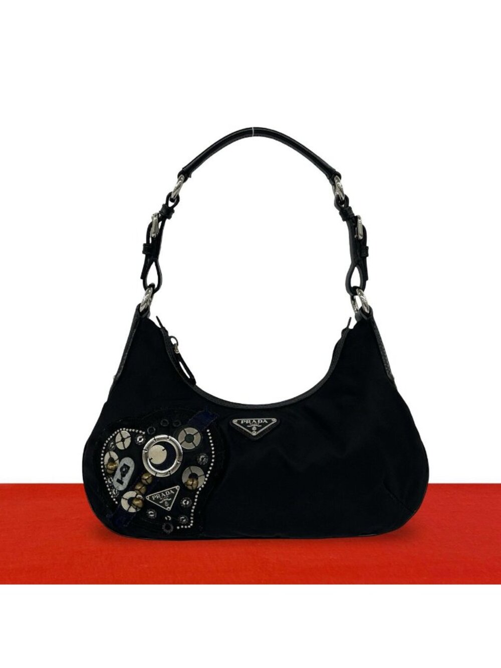 Prada Triangle Logo Tessuto Pocono Nylon Leather Shoulder Bag Black
